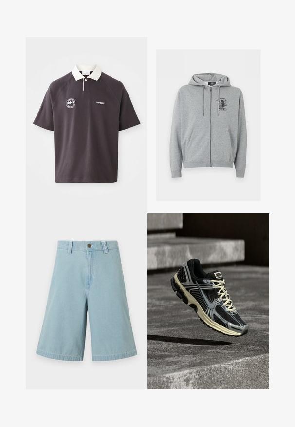 Hellgrauer Kapuzenpullover mit Reißverschluss, Kordelzug, Fronttaschen und kleinem schwarzem Grafikdesign auf der oberen linken Brust.; Dunkelgrau Poloshirt mit einem weißen Kragen, gesticktem Logo auf der Brust und kurzen Raglanärmeln. Hergestellt aus weichem Material.; Hellblaue Jeans-Knielange Shorts mit Knopf- und Reißverschluss, Gürtelschlaufen und weitem Bein auf weißem Hintergrund.; Schwarz-grauer Nike-Laufschuh mit cremefarbenen Schnürsenkeln, der über einer strukturierten Betonoberfläche schwebt.