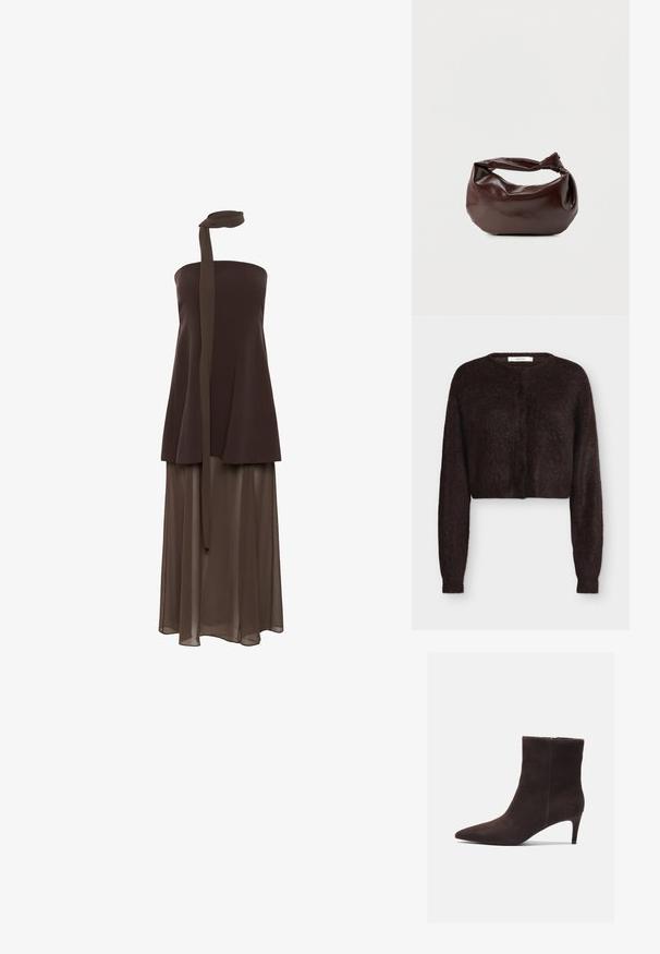 Dunkelbrauner, flauschiger, kurz geschnittener Strickcardigan mit langen Ärmeln und rundem Ausschnitt, vorne mit Knöpfen, dargestellt auf einem einfarbigen hellen Hintergrund.; Trägerloses braunes Kleid mit geschichtetem Oberteil und transparentem, knöchellangem Rock, mit einer langen Halsbinde, die vom oberen Rand hängt.; Braune Wildleder-Ankelstiefel mit spitzem Zehenbereich und 7,5 cm Absatz, ausgestattet mit einer glatten Textur und minimalistischen Design. Reißverschluss auf der Rückseite.; Dunkelbraune Lederschultertasche mit weicher, lockerer Form und einem gedrehten Knotengriff vor schlichtem weißem Hintergrund.