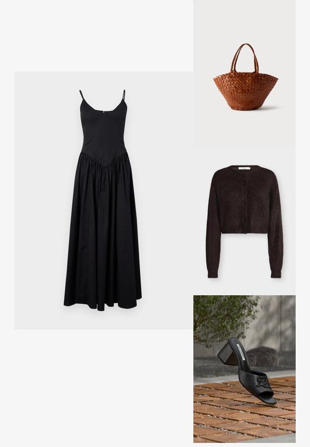 Donkerbruine, harige, korte gebreide cardigan met lange mouwen en ronde halslijn, vooraan knoopsluiting, getoond op een effen lichte achtergrond.; Zwarte maxi jurk met dunne bandjes, aansluitend lijfje en een geplooide rok. Gemaakt van lichtgewicht stof met een gladde textuur en een subtiele glans.; Zwarte open-teen mule met blokhak en "Karl" geborduurd op de band, weergegeven bovenop een houten tegelvloer met een vervaagde achtergrond.; Bruine gevlochten leren handtas met brede bodem die naar boven toe smaller wordt en twee gevlochten handvatten, afgebeeld op een effen lichte achtergrond.
