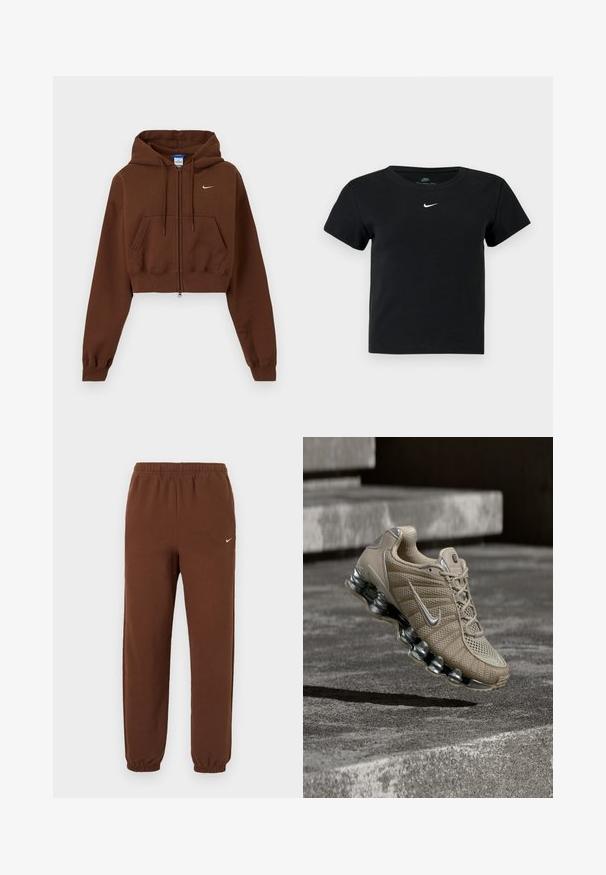 Καφέ cropped φούτερ με φερμουάρ, με τσέπες μπροστά, ρυθμιζόμενο σκουφάκι με κορδόνι, ριμπ μανσέτες και μικρό λευκό λογότυπο Nike στο στήθος.; Μαύρο ριμπ μπλουζάκι με κοντά μανίκια, που διαθέτει ένα μικρό λευκό λογότυπο Nike στο στήθος και στρογγυλή λαιμόκοψη.; Καφέ φόρμα Nike με ελαστική μέση και μανσέτες, με μικρό λευκό λογότυπο Nike στο πάνω αριστερό πόδι.; Μπεζ αθλητικό παπούτσι Nike με ασημένιες λεπτομέρειες και ελαστική σόλα στον αέρα πάνω από σκάλες από σκυρόδεμα με απαλό φωτισμό.