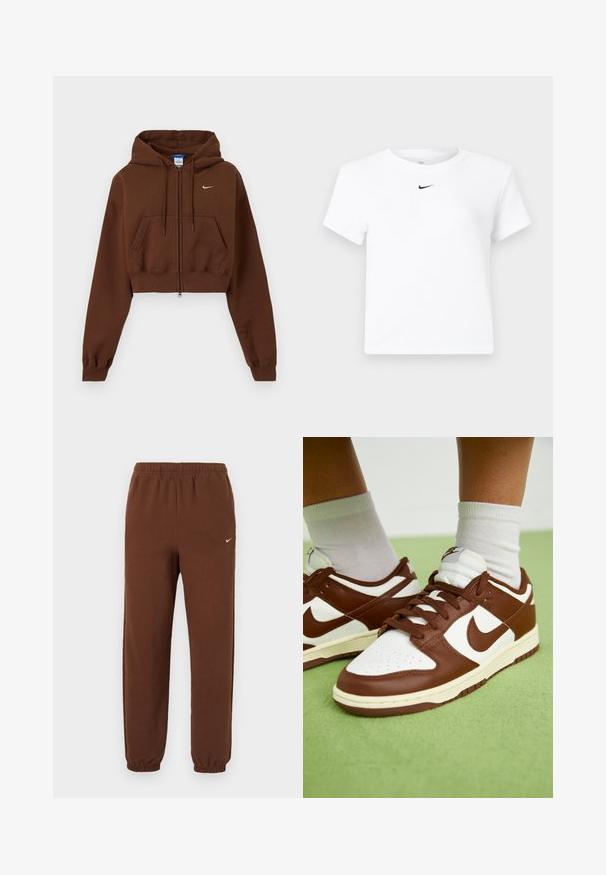 Hnedá krátka mikina na zips s prednými vreckami, nastaviteľnou kapucňou so sťahovacou šnúrkou, rebrovanými manžetami a malým bielym logom Nike na hrudi.; Biele krátke tričko značky Nike s krátkym rukávom a zrezaným strihom, s malým čiernym logom Nike swoosh umiestneným pod výstrihom uprostred.; Hnedé Nike tepláky s elastickým pásom a manžetami, s malým bielym logom Nike na hornej ľavej nohe.; Hnedé a biele kožené tenisky s perforovanou špičkou, textúrovanými akcentmi a plochými šnúrkami. Model má nízkoprofilový dizajn a gumovú podrážku.