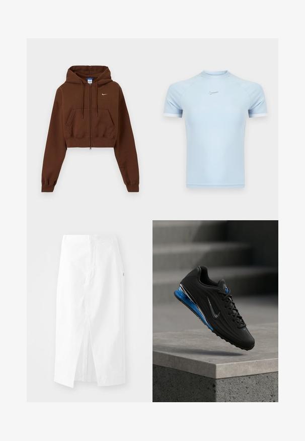 Pruun lühike lukuga kapuutsiga pusa esitaskute, reguleeritava nööriga kapuutsi, soonikkoes varrukate ja väikese valge Nike logoga rinnal.; Heleroheline lühikeste varrukatega sportlik top, valmistatud siledast kangast. Omab ümara kaelusega lõiget ja diskreetset Nike logo rinnal, valgete detailidega.; Valge puuvillane midi seelik sirge lõikega, külgseHVähi ja peidetud tõmblukuga. Sile tekstuur, minimaalne disain ja nähtavat kaunistust ei ole.; Mustad sportlik toss, millel on tekstuuriga pealiskate, sile sinine keskmine tald ja hõbedased aktsendid. Omab pitsidega kinnitust ja kummist tallapinda.