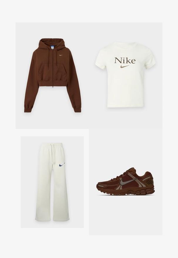 Brun kort lynlåshoodie med forlommer, justerbar snøre i hætten, ribstrikkede manchetter og lille hvid Nike-logo på brystet.; Hvid kortærmet cropped t-shirt med brun "Nike" tekst og et leopardmønstret Nike swoosh logo på brystet.; Cremefarvede sweatpants lavet af en bomuldsblanding, der har en afslappet pasform, elastisk talje med snor og et navy Nike-logo på forsiden.; Brun Nike løbesko med mesh-paneler, gummisål og reflekterende swoosh-logo på siden, vist i højre profil.