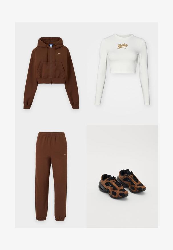 Bruine cropped zip-up hoodie met voorzakken, verstelbare capuchon met trekkoord, geribde boorden en klein wit Nike-logo op de borst.; Witte langemouwen crop top van een soepele stof, met een gouden Nike-logo op de borst en een klassieke ronde hals.; Bruine Nike joggingbroek met elastische tailleband en boorden, met een kleine witte Nike-swoosh op het bovenste linkerbeen.; Bruine suède en zwarte gaas sneakers met een afgeronde vorm, met opvallende uitsparingen en een stevige zwarte zool.