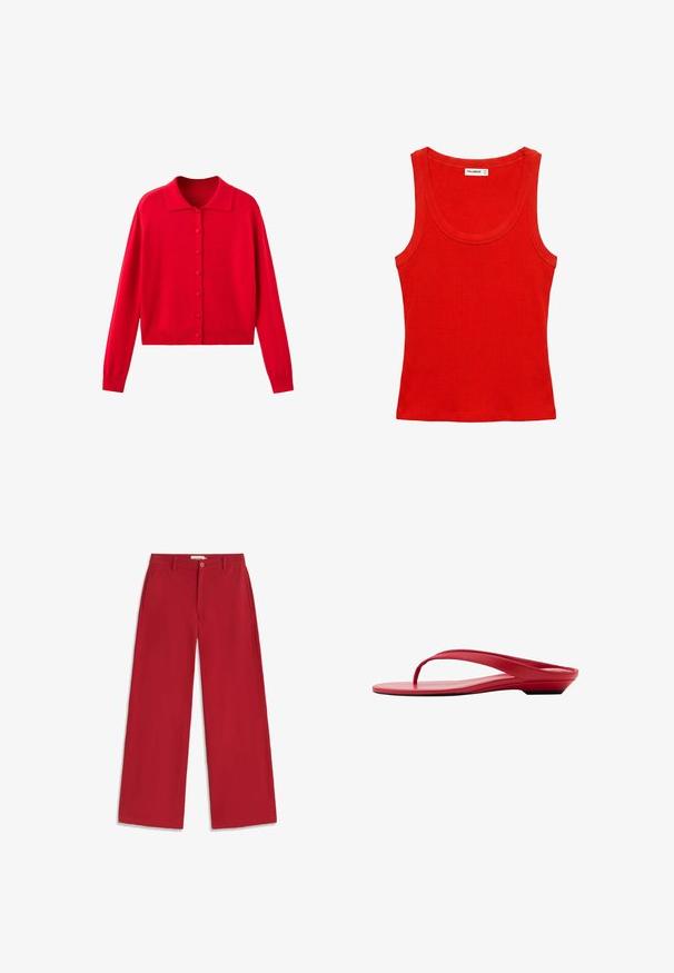 Cardigan rouge à manches longues avec boutons, col, poignets et bas côtelés, présenté sur un fond blanc uni.; Débardeur rouge sans manches en côtes, avec encolure dégagée et étiquette de la marque à l'arrière à l'intérieur du col.; Pantalon rouge à jambes larges avec fermeture à bouton et fermeture éclair, passants pour ceinture et poches latérales, présenté à plat sur un fond blanc.; Sandale rouge à talon bas, avec une fine bride et une semelle plate, vue de côté sur fond blanc.