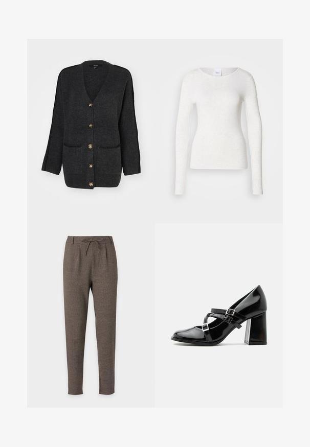 Vero Moda Knitted VMZORA Knit - Cardigan - asphalt/black stitch; Hvid langærmet t-shirt i et blødt, letvægtsstof med rund halsudskæring og slank pasform, der har en diskret struktur.; Brune tapered bukser med snøre i taljen og båndsøm, lavet af tekstureret stof, vist på en hvid baggrund.; Skinnende sort Mary Jane-stilet med tre spænder og en kraftig blokhæl, vist i sideprofil mod en hvid baggrund.