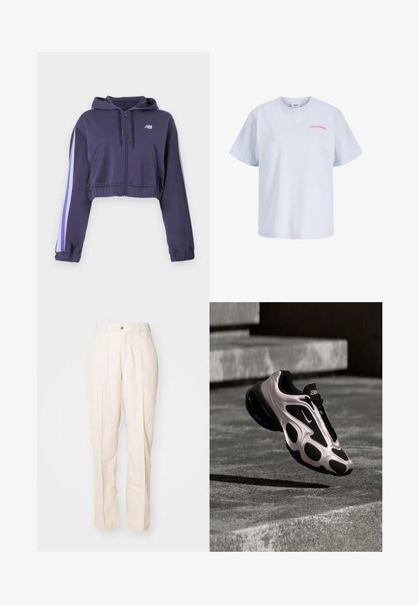 Sudadera corta con cremallera, color morado, con bolsillos delanteros, capucha, dobladillo y puños elásticos, y franjas en azul claro y blanco en las mangas.; Camiseta lisa de color azul claro, de manga corta, con cuello redondo y un pequeño texto rosa "WILD FLOWER" en la parte superior izquierda del pecho.; Pantalones beige de pierna recta fabricados en una mezcla de algodón. Presentan dos bolsillos frontales, un cierre de botón y detalles de costura visibles.; Zapatilla moderna de Nike con diseño plateado y negro en el aire sobre una superficie de hormigón y escalones al fondo.