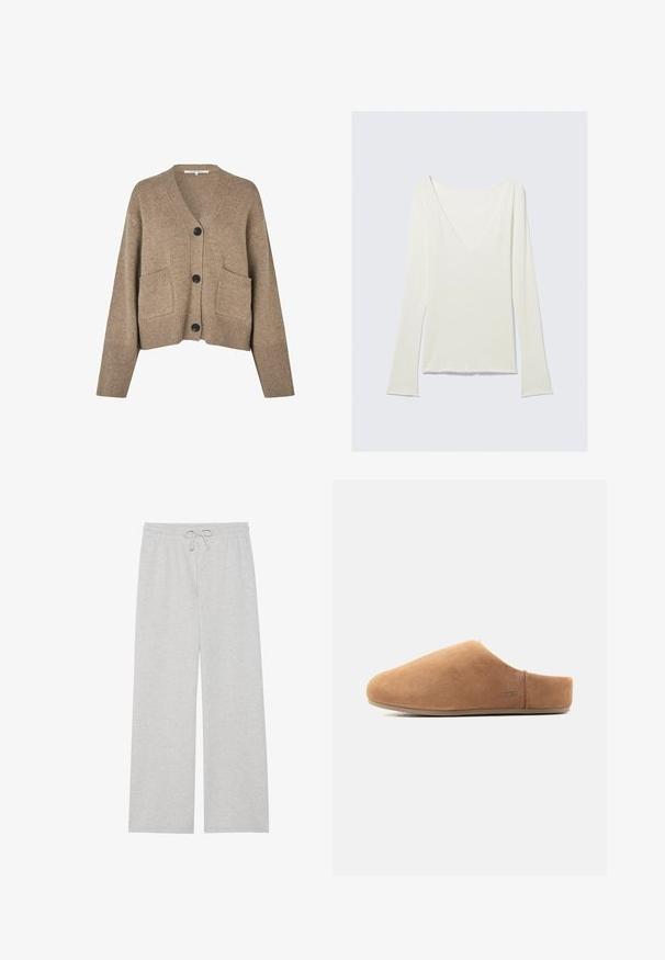Beige strikket cardigan med V-hals, fem sorte knapper og to frontlommer. Ribbet manchetter og kant tilføjer tekstur til designet.; Hvid, langærmet tætsiddende top med dyb V-hals og let udvidede ærmer, vist på en ensfarvet lys grå baggrund.; Lys grå træningsbukser i blød bomuldsblanding, med en vidde ben-design, elastisk talje med justerbar snor og uden lommer.; Tan ruskind slip-on hjemmesko med lukket tå, åben hæl, flad sål og lille UGG-logo på siden, vist i profil.
