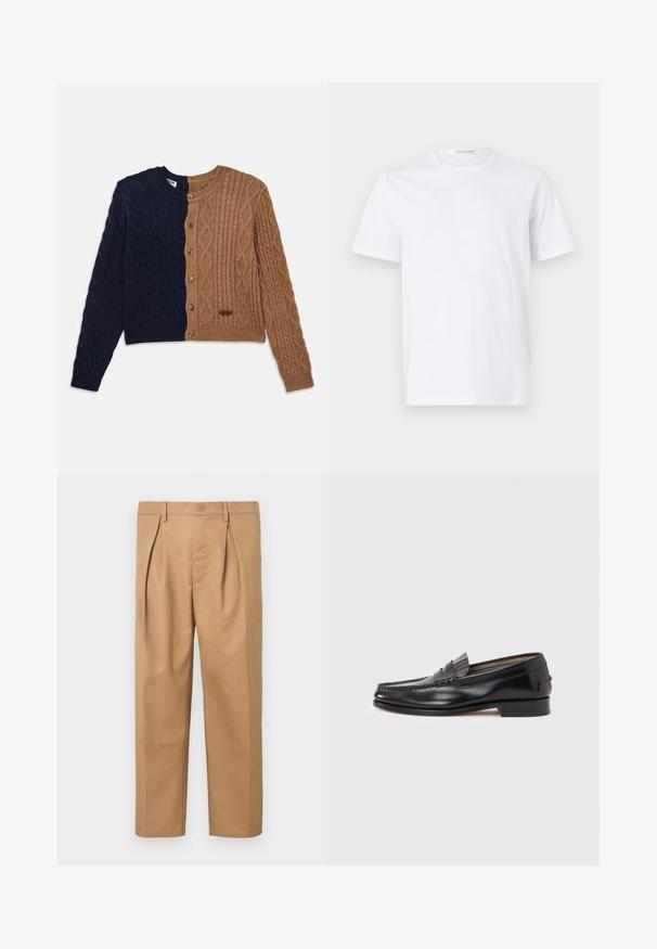 Strikket cardigan i marineblå og tan farver, med kabelstrik mønstre, rund halsudskæring og træknapper på tan siden.; Hvid bomulds t-shirt med rund halsudskæring og korte ærmer. Glat tekstur, lige snit og minimalistisk design uden mønstre eller accenter.; Beige bomuldsbukser med afslappet pasform, plisseret design, talje med knaplukning og lige ben. Glat tekstur uden mønstre.; Sorte læderloafers med moccasin-design, der har en dekorativ bånd og syningsdetaljer på overdelen. Lav blokhæl.