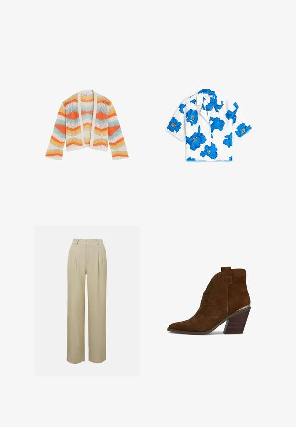 Cardigan en maille crochetée avec ouverture sur le devant, présentant des rayures chevrons en tons orange, jaune, bleu et beige.; Chemise blanche à manches courtes avec boutons sur le devant, ornée de grandes impressions florales bleues et col à revers, présentée à plat sur un fond blanc.; Pantalons larges beiges en tissu lisse, avec des plis à l'avant, une taille cintrée et des poches latérales. Finition du bas propre.; Bottines en daim marron à bout pointu, avec des détails de coutures surélevées et un talon chunky et effilé. Accent métallique sur le talon ajoute un contraste.