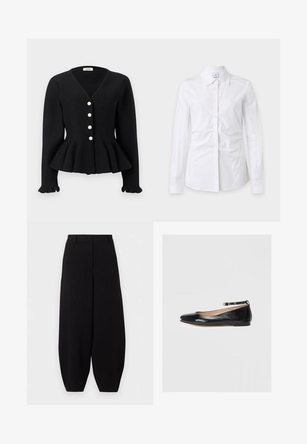 Cardigan noir côtelé à manches longues avec encolure en V, taille évasée, poignets à volants et quatre boutons en perle sur le devant.; Chemise blanche à manches longues avec boutons et col, tissu légèrement froissé et étiquette de marque visible à l'intérieur du col.; Pantalon noir à jambes larges et courtes, taille haute, sans poches visibles ni ornements.; Ballerines noires en cuir avec un bout rond, une bride à la cheville et un petit talon. Texture lisse et design minimaliste.