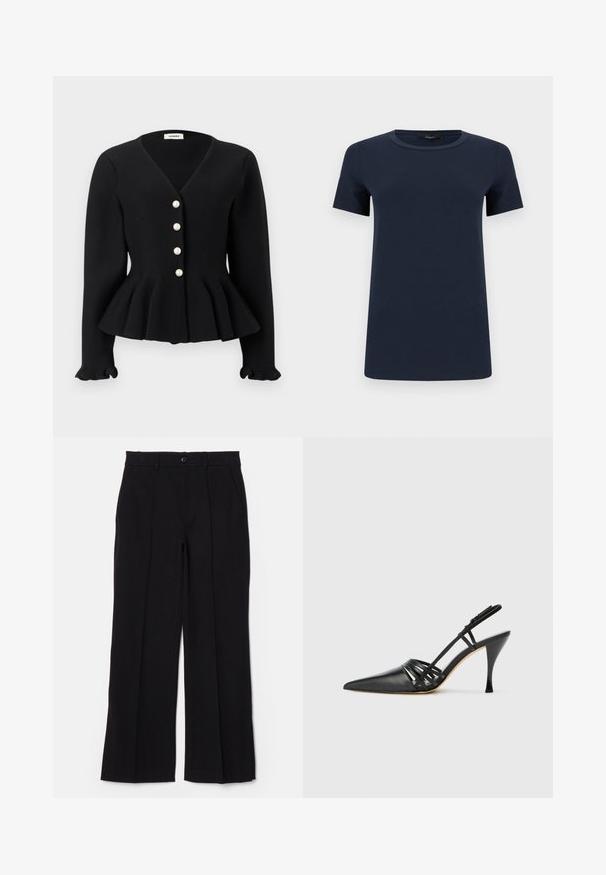 Schwarzer, gerippter Langarm-Cardigan mit V-Ausschnitt, ausgestellter Taille, gerafften Bündchen und vier Perlenknöpfen vorne.; Marineblaue Kurzarm-Baumwoll-T-Shirt mit rundem Ausschnitt, flach auf weißem Hintergrund ausgebreitet.; Schwarze Hose mit flachem Frontdesign, geraden Beinen und Taschen. Hergestellt aus einem weichen Stoff, mit einem einzigen Knopfverschluss und Gürtelschlaufen.; Schwarze Leder-Slingback-Pumps mit spitzem Zehenbereich, über Kreuz verlaufendem Riemendesign und schmalem Stiletto-Absatz. Glatte Oberfläche und minimalistische Akzente.