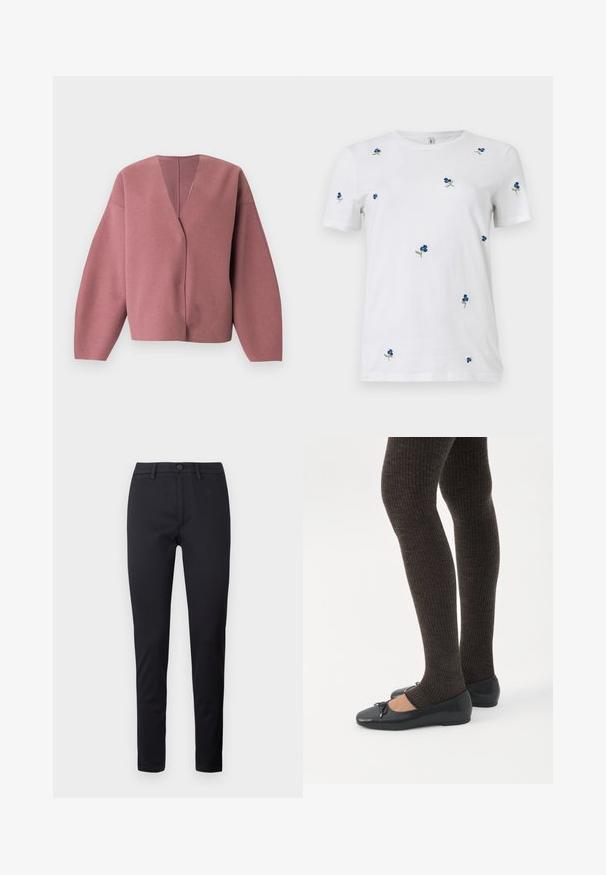 Rosa cardigan med v-udskæring, lange, brede ærmer og en afslappet pasform, lavet af blødt, tekstureret stof, der er velegnet til lag-på-lag.; Hvid kortærmet t-shirt med små, spredte blå blomsterbroderier og grønne stilke, rund hals, ensfarvet baggrund.; Sorte bukser lavet af glat stof, med en standard talje, forlommer og tapered ben. Ingen synlige mønstre eller detaljer.; Ben iført mørke ribbede leggings kombineret med sorte balletsko med små sløjfedetaljer på hvid baggrund.