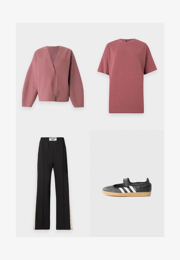 Roze-roze v-hals cardigan met lange, brede mouwen en een ontspannen pasvorm, gemaakt van zacht, gestructureerd materiaal dat geschikt is om te combineren in lagen.; Effen T-shirt met korte mouwen en ronde hals in een gedempte rozenkleur, weergegeven tegen een witte achtergrond.; Zwarte broek met een elastische tailleband, voorzien van zijstrepen met logodetails. Gemaakt van gladde stof, met een platte voorkant en een brede pijpvorm.; Zwarte leren en suède sneaker met een klittenbandsluiting, voorzien van drie witte strepen en een gumzool, met de naam "SAMBA" aan de zijkant.