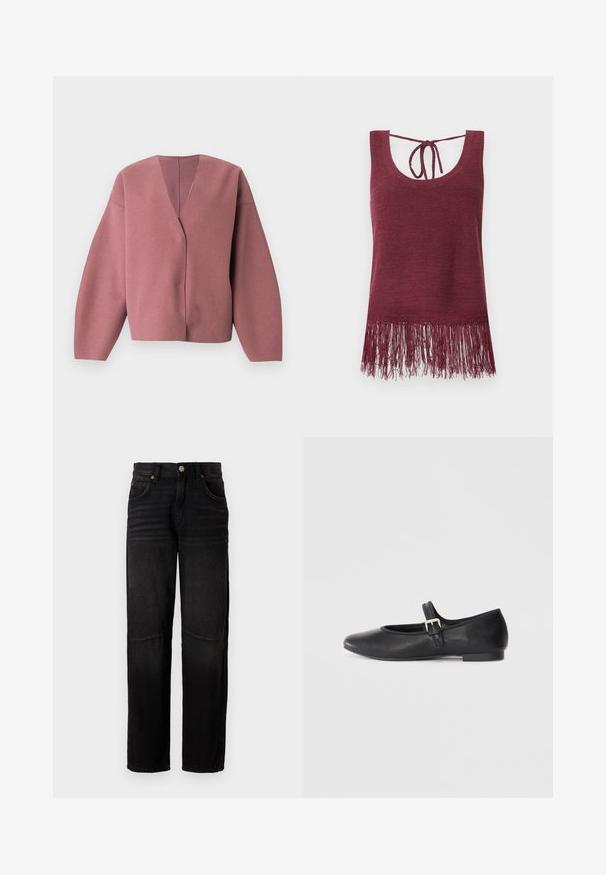 Cárdigan rosa intenso con cuello en v, mangas largas y anchas, y un ajuste relajado, confeccionado con una tela suave y texturizada, ideal para superponer.; Top de punto burdeos sin mangas con cuello redondo, cierre con lazo en la espalda y detalle de flecos en el dobladillo.; Vaqueros de denim negro con corte recto, estilo de cinco bolsillos, cierre de botón y sutil desgaste en los muslos y las rodillas.; Zapato plano Mary Jane de cuero negro con puntera redondeada, correa ajustable y pequeño detalle de hebilla plateada, con un tacón bajo y acabado suave.