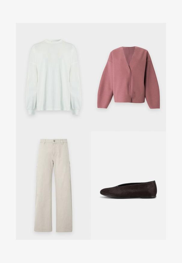 Cardigan rose vif à col en V avec manches longues et larges, coupe décontractée, confectionné dans un tissu doux et texturé, idéal pour le superposition.; Chemise blanche à manches longues en tissu léger. Comprend un col rond et des manches froncées pour une coupe décontractée. Design simple.; Pantalons cargo beiges avec une coupe droite et large, dotés de poches latérales et d'une fermeture à bouton, fabriqués en coton robuste.; Chaussure plate noire avec un bout arrondi et un petit talon, présentant une surface lisse légèrement texturée et un design simple à enfiler.