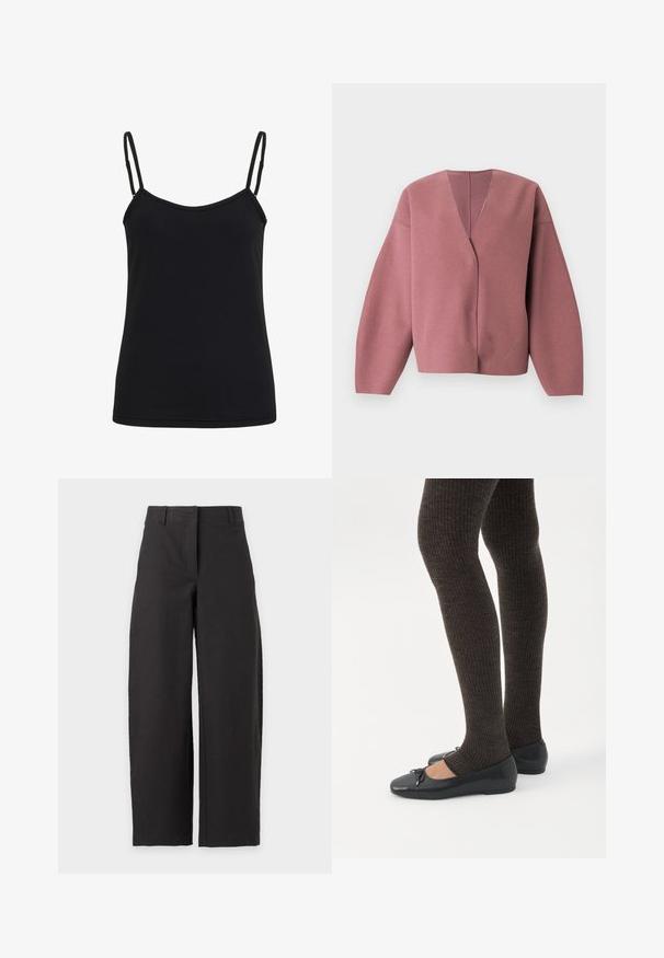 Cardigan rose vif à col en V avec manches longues et larges, coupe décontractée, confectionné dans un tissu doux et texturé, idéal pour le superposition.; Kaffe KAARINA STRAP - Débardeur - black deep; Pantalon noir à jambes larges avec taille haute et passants de ceinture, présenté sur fond blanc.; Jambes portant des leggings côtelés foncés associés à des ballerines noires avec de petits détails en nœud sur fond blanc.