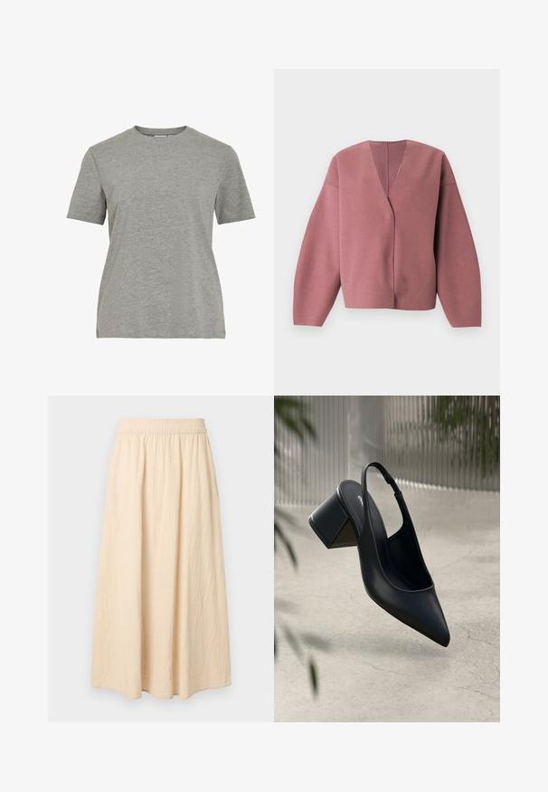 Cardigan rose vif à col en V avec manches longues et larges, coupe décontractée, confectionné dans un tissu doux et texturé, idéal pour le superposition.; T-shirt gris en coton avec un col rond classique, des manches courtes et une texture lisse, idéal pour un usage décontracté.; Longue jupe beige avec taille élastique, tissu à texture douce et silhouette ample et fluide.; Escarpin noir en cuir avec un bout pointu et un talon bloc. Texture lisse, design minimaliste et bride de cheville réglable.