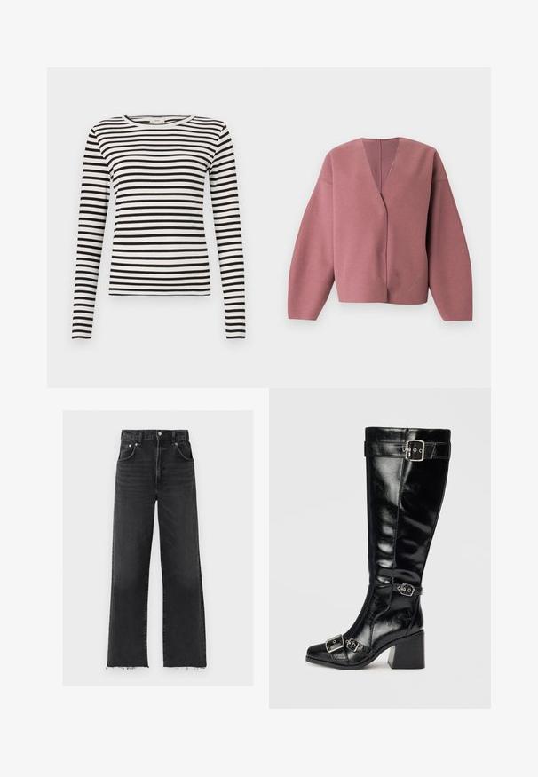 Cardigan rose vif à col en V avec manches longues et larges, coupe décontractée, confectionné dans un tissu doux et texturé, idéal pour le superposition.; Chemise à rayures noires et blanches à manches longues avec un col rond et une texture côtelée ajustée. Largeur des rayures équilibrée sur l'ensemble.; Jean noir taille haute à jambes larges, cinq poches, bouton argenté, fermeture éclair et ourlets bruts effilochés.; Botte en cuir noir, arrivant au genou, avec une finition brillante. Elle dispose de boucles et de sangles en argent, d'un bout pointu et d'un talon épais et texturé.