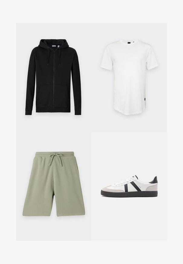 Sudadera con cremallera negra hecha de una mezcla de algodón. Cuenta con una capucha ajustable, bolsillos delanteros y puños y dobladillo de canalé. Textura suave.; Camiseta blanca de manga corta hecha de algodón, con un escote redondo y una parte trasera ligeramente alargada, con un pequeño logotipo en el lateral.; Pantalones cortos verde claro hechos de una tela texturizada con cintura elástica y cordón. Corte recto y diseño hasta la rodilla.; Zapatilla blanca con acentos en negro y gris, que presenta una puntera texturizada en gris, suela de goma negra y cordones planos blancos. Diseño limpio, estilo minimalista.