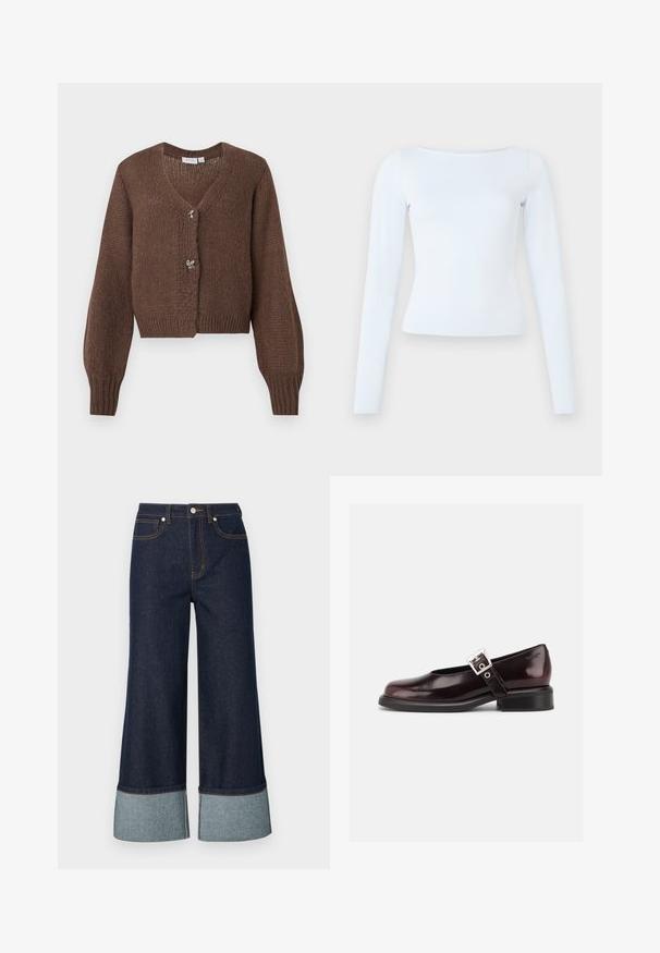 Brauner Strickcardigan mit langen Ärmeln, V-Ausschnitt und zwei dekorativen silbernen Schmetterlingsknöpfen auf der Vorderseite.; Langärmliges, hellblaues, figurbetontes Oberteil mit einem Bootsausschnitt und einem schlichten, klaren Design auf einem einfarbigen Hintergrund.; Weite Jeans aus dunklem Denim mit einem helleren Denimabschluss. Das Design umfasst Fronttaschen und kontrastierende Nähte.; Ein einzelner glänzender dunkelburgunder Mary Jane Schuh mit breitem Riemen und silberner Schnalle, niedrigem Blockabsatz und abgerundeter Spitze auf weißem Hintergrund.