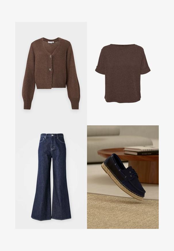 Cárdigan de punto marrón con mangas largas, cuello en V y dos botones decorativos en forma de mariposa plateados en el frente.; Blusa marrón texturizada de manga corta con puños doblados y cuello redondo, con un ajuste suelto y cuadrado.; Jeans de mezclilla oscura con campana y cintura alta, que presentan un cierre de botón y cremallera. Las costuras blancas y las piernas anchas crean una silueta estructurada.; Mocasín azul marino con suela de yute trenzado flotando sobre una alfombra beige, mesa de café redonda de madera y libros apilados al fondo.
