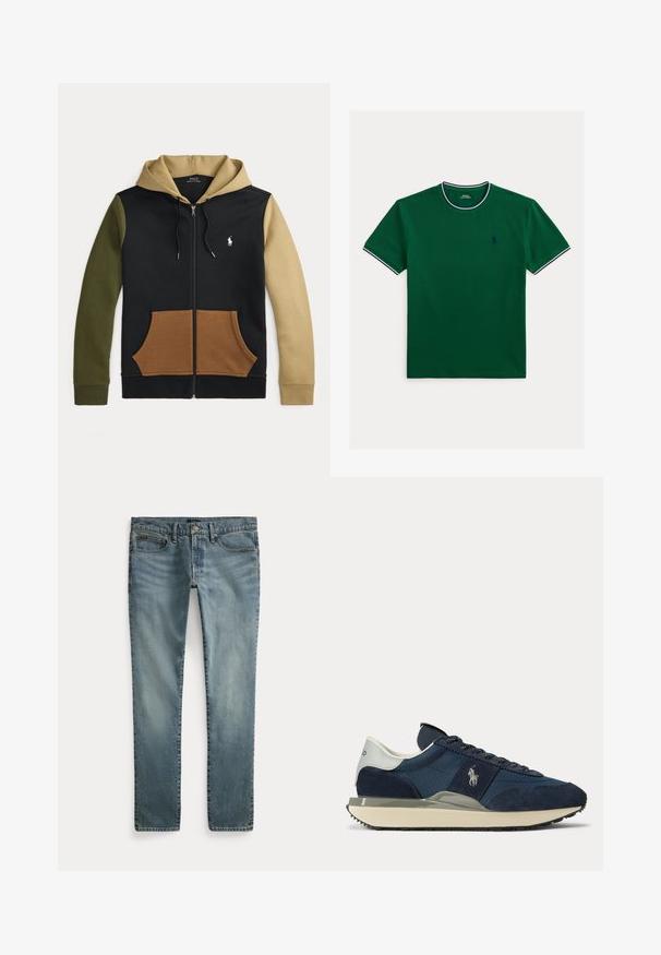 Kapuzenpullover mit Reißverschluss, schwarzem Körper, olivgrünem linkem Ärmel, beigem rechtem Ärmel und Kapuze, braunen Fronttaschen und weißem Polo Ralph Lauren-Logo auf der Brust.; Dunkelgrünes T-Shirt mit kurzen Ärmeln und Rundhalsausschnitt, mit marineblauem und weißem Besatz am Kragen und an den Ärmeln sowie kleinem marineblau besticktem Logo auf der Brust.; Blaue Jeans mit geradem Bein, vorderen Taschen, Gürtelschlaufen und Knopfverschluss.; Marineblauer und weißer Sneaker mit Velours- und Stoffeinsätzen, weißem Logo an der Seite, weißem Fersenlaschen und beiger Sohle mit schwarzer Laufsohle.