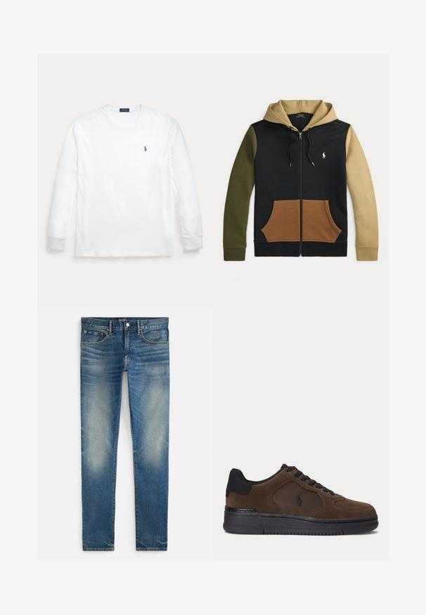 Hættetrøje med lynlås med sort krop, olivengrøn venstre ærme, beige højre ærme og hætte, brune forlommer og hvid Polo Ralph Lauren-logo på brystet.; Hvid langærmet rundhalset skjorte med lille broderet Polo Ralph Lauren-logo på venstre bryst.; Blå falmede smalle jeans med knappelukning og lynlås, forlommer og lille møntlomme, vist fladt på hvid baggrund.; Mørkebrun lavtop sneaker med sort sål, sorte snørebånd og mesh sidepanel med lille sort logo.