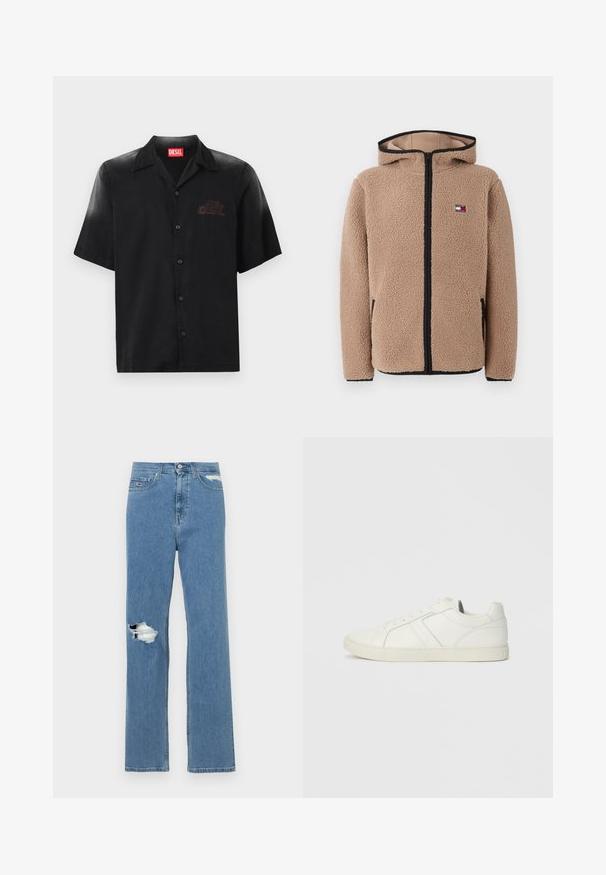 Chaqueta de forro polar beige con capucha, cremallera frontal y detalles en negro. Presenta un parche con el logo en el pecho y un material texturizado y suave.; Camisa negra de manga corta hecha de tejido suave con un cierre frontal de botones, que presenta un sutil logo en relieve en el lado izquierdo del pecho.; Jeans de mezclilla azul con cintura alta, diseño de pierna recta y un gran desgarro en la rodilla, con un acabado ligeramente desgastado y costuras en contraste.; Zapatilla baja blanca de cuero con cierre de cordones y suela de goma plana, vista desde el lado interno sobre un fondo liso.