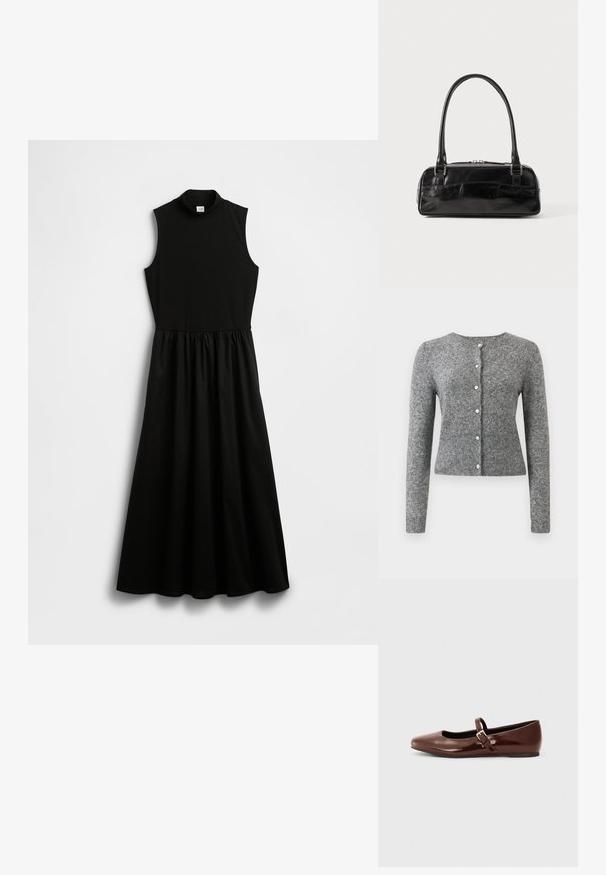 Cardigan en tricot gris avec manches longues, col rond et patte à six boutons. Présente un ourlet côtelé et une texture tout au long du tissu.; Robe noire sans manches avec un col montant simulé, un haut ajusté et une taille froncée menant à une jupe fluide. Confectionnée dans un tissu lisse.; Ballerine en cuir verni marron avec un bout carré et une lanière ornée d'une petite boucle dorée. Texture lisse, talon bas et design minimaliste.; Sac à main en cuir noir de forme rectangulaire, doté d'une seule ansse structurée, de quincaillerie argentée et d'une fermeture éclair. Texture lisse.