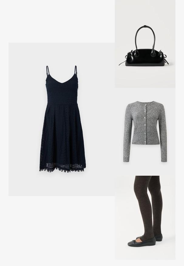 Cardigan en tricot gris avec manches longues, col rond et patte à six boutons. Présente un ourlet côtelé et une texture tout au long du tissu.; Robe d'été marine avec des bretelles fines, un décolleté en V et des détails en dentelle. Jupe évasée avec un ourlet festonné et des motifs complexes.; Jambes portant des leggings côtelés foncés associés à des ballerines noires avec de petits détails en nœud sur fond blanc.; Petit sac à main noir brillant avec deux longues anses et des détails à cordon sur les côtés sur un fond clair uni.