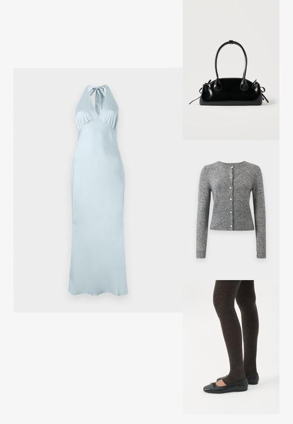 Cardigan en tricot gris avec manches longues, col rond et patte à six boutons. Présente un ourlet côtelé et une texture tout au long du tissu.; Robe halter bleu clair avec un corsage ajusté, des détails plissés et une silhouette longue et fluide en tissu doux. Aucun motif ni accent visible.; Jambes portant des leggings côtelés foncés associés à des ballerines noires avec de petits détails en nœud sur fond blanc.; Petit sac à main noir brillant avec deux longues anses et des détails à cordon sur les côtés sur un fond clair uni.