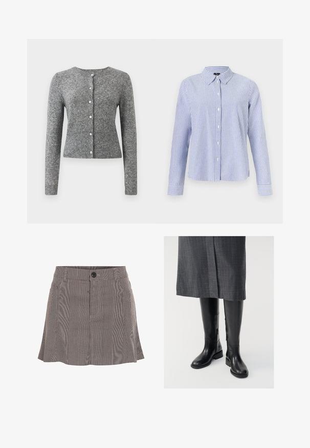 Grauer Strickcardigan mit langen Ärmeln, rundem Ausschnitt und sechs Knopfleisten. Mit einem gerippten Saum und Struktur im gesamten Stoff.; Langärmliges Hemd zum Knöpfen mit weißen und hellblauen vertikalen Streifen und spitzem Kragen, dargestellt vor einfarbigem Hintergrund.; Karierte Rock in Schwarz und Weiß, aus leichtem Stoff gefertigt, mit einem Bund mit Knopf und einem plissierten Design für zusätzliche Details.; Knielange schwarze Lederstiefel mit glatter Textur, seitlichen Reißverschlüssen und flacher Sohle. Die Stiefel haben einen strukturierten Schaft und minimales Zubehör.