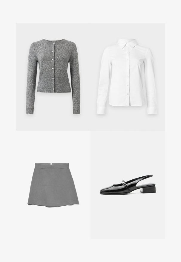 Grå strik cardigan med lange ærmer, rund halsudskæring og seks knapper. Har en ribbet kant og struktur i hele stoffet.; Hvid skjorte med lange ærmer, knapper, spids krave, lige kant og tætsiddende silhuet, vist på en ensartet lys baggrund.; Grå nederdel lavet af blødt stof, med høj talje, vidde i skørtet og en skjult lynlås bagpå.; Sort laklæderslingback-sko med lav blokhæl og tynd rem med sølvspænde over toppen.