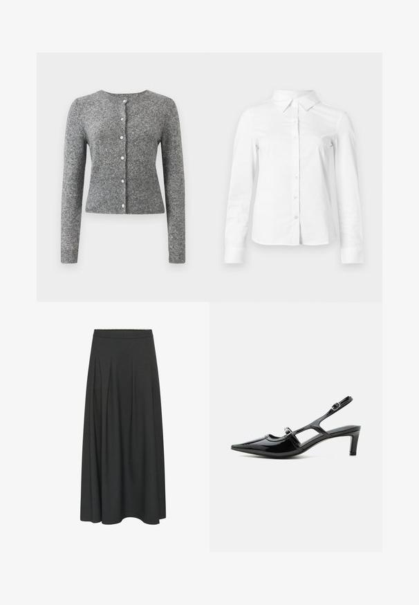 Cardigan en tricot gris avec manches longues, col rond et patte à six boutons. Présente un ourlet côtelé et une texture tout au long du tissu.; Chemise blanche à manches longues avec boutons, col pointu, ourlet droit et silhouette ajustée, présentée sur un fond clair uni.; Jupe longue gris foncé en A avec une taille ajustée et des plis subtils s'étendant de la taille à l'ourlet.; Chaussure slingback en cuir verni noir à bout pointu, petit talon et deux brides réglables avec boucles, vue de profil latéral.