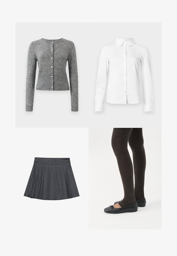 Cardigan en tricot gris avec manches longues, col rond et patte à six boutons. Présente un ourlet côtelé et une texture tout au long du tissu.; Chemise blanche à manches longues avec boutons, col pointu, ourlet droit et silhouette ajustée, présentée sur un fond clair uni.; Jupe patineuse grise à rayures générales avec une taille ajustée, en forme évasée A et texture de tissu douce. Les lignes verticales renforcent l'intérêt visuel.; Jambes portant des leggings côtelés foncés associés à des ballerines noires avec de petits détails en nœud sur fond blanc.