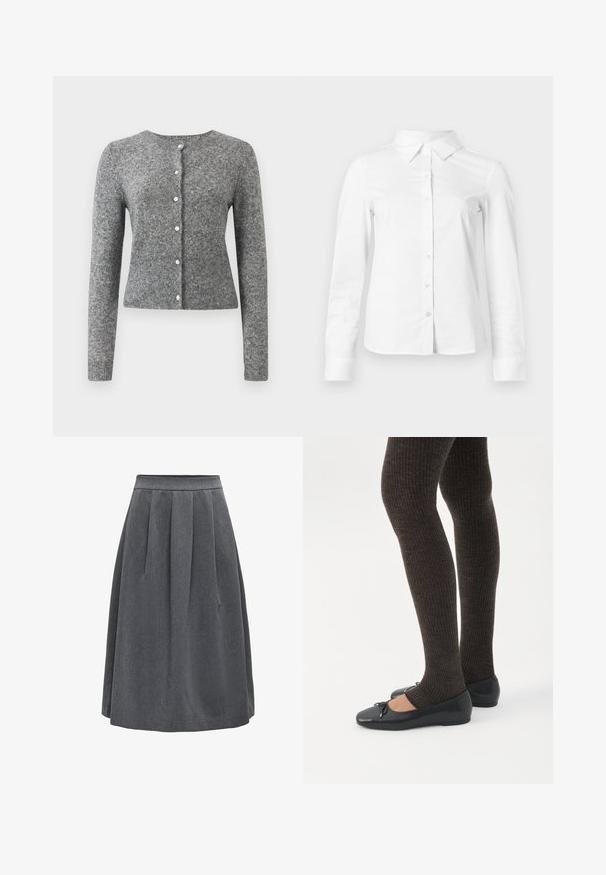 Cardigan en tricot gris avec manches longues, col rond et patte à six boutons. Présente un ourlet côtelé et une texture tout au long du tissu.; Chemise blanche à manches longues avec boutons, col pointu, ourlet droit et silhouette ajustée, présentée sur un fond clair uni.; Jupe plissée gris foncé de longueur moyenne avec une taille ajustée, conçue pour un usage décontracté ou professionnel.; Jambes portant des leggings côtelés foncés associés à des ballerines noires avec de petits détails en nœud sur fond blanc.