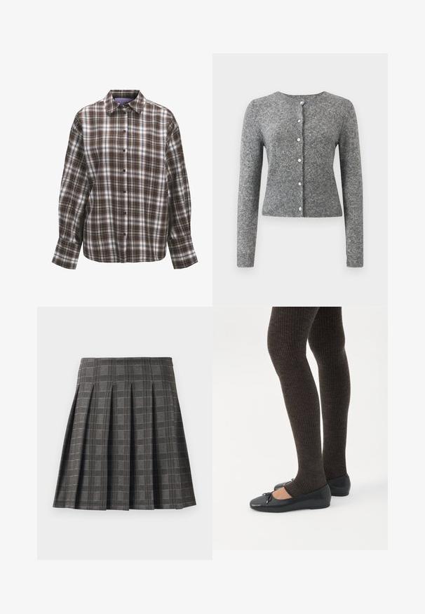 Cárdigan de punto gris con mangas largas, escote redondo y una tapeta de seis botones. Presenta un dobladillo acanalado y textura en toda la tela.; Camisa de manga larga con botones, con patrón de cuadros marrón, negro y blanco y un cuello clásico sobre un fondo blanco.; Falda plisada en un patrón de cuadros grises, hecha de una tela texturizada. Presenta pliegues verticales y un dobladillo recto.; Piernas con leggings oscuros acanalados combinados con bailarinas negras que presentan pequeños detalles de lazo sobre un fondo blanco.