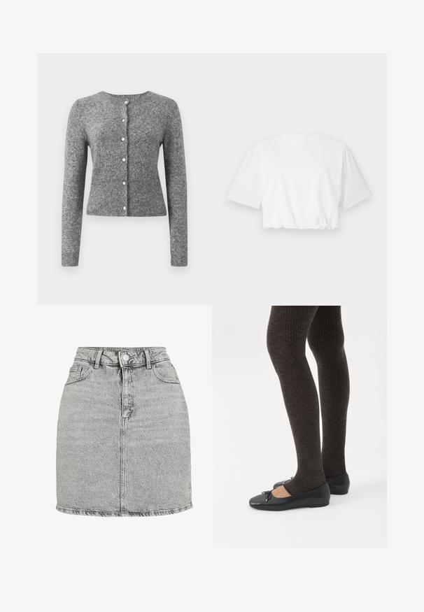 Grå strik cardigan med lange ærmer, rund halsudskæring og seks knapper. Har en ribbet kant og struktur i hele stoffet.; Hvid kortærmet t-shirt med puffærmer, rund halsudskæring og samlet nederste kant, lavet af blødt bomuldsstof.; Grå denimnederdel med høj talje, frontknaplukning og to sidelommer. Har en rippet kant og en subtil stone-washed tekstur.; Ben iført mørke ribbede leggings kombineret med sorte balletsko med små sløjfedetaljer på hvid baggrund.