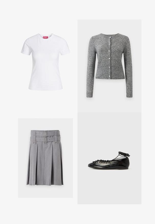 Grijze gebreide cardigan met lange mouwen, ronde halslijn en zes knopenrij. Heeft een geribbelde zoom en textuur door de stof.; Witte, nauwsluitende T-shirt met korte mouwen en ronde hals, met een roze JJXX-label aan de binnenkant van de kraag, afgebeeld tegen een effen achtergrond.; Grijze plissé rok met spijkerstreep, dubbele riem en zilveren gespen, met D-ring accenten in de taille.; Zwarte ballerina's van lakleer met een afgeronde neus, veterdesign en een platte zool. Glad oppervlak met minimale details.