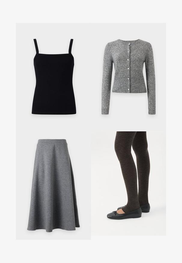 Grå strik cardigan med lange ærmer, rund halsudskæring og seks knapper. Har en ribbet kant og struktur i hele stoffet.; Sort ribbet tanktop med justerbare stropper, firkantet udskæring og et tætsiddende design, der krammer kroppen, lavet af et strækbart stof.; Grå, knælang nederdel lavet af blødt, strækbart materiale, med en lækker design og en elastisk talje for komfort.; Ben iført mørke ribbede leggings kombineret med sorte balletsko med små sløjfedetaljer på hvid baggrund.