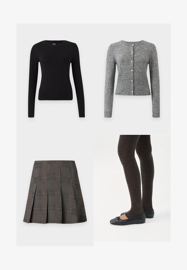 Grå strik cardigan med lange ærmer, rund halsudskæring og seks knapper. Har en ribbet kant og struktur i hele stoffet.; Sort langærmet tætsiddende t-shirt med rund hals og lige kant, vist på en hvid baggrund.; Gråternet nederdel med plisseringer, prydet med intrikate mønstre i sort og hvid, akkompagneret af tynde røde linjer. Fremstillet af et struktureret stof.; Ben iført mørke ribbede leggings kombineret med sorte balletsko med små sløjfedetaljer på hvid baggrund.