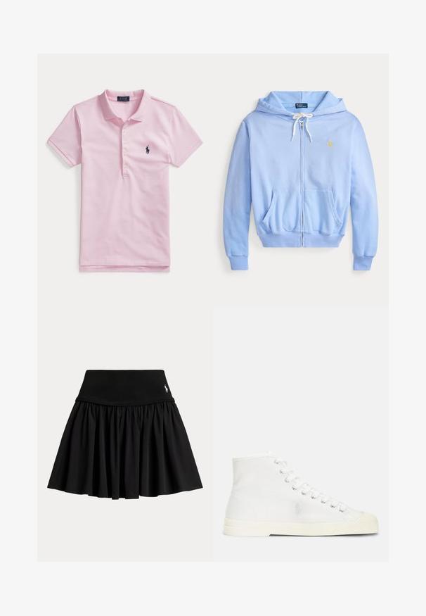 Sudadera con capucha y cremallera en azul claro, con bolsillos delanteros, cordones blancos en la capucha y pequeño logo amarillo bordado en el pecho.; Polo de manga corta color rosa claro con cuello, cuatro botones y un pequeño logo bordado de color azul oscuro en el pecho izquierdo.; Falda negra plisada con cintura ancha y pequeño logo blanco bordado cerca de la parte superior derecha.; Polo Ralph Lauren CANVAS HIGH-TOP SNEAKER - Zapatillas altas - deckwash white