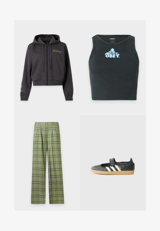 Dunkelgrauer Kapuzenpullover mit Reißverschluss, Kapuze, Kordelzug, gerippten Bündchen und "Billabong" in Gold auf der linken Brust gestickt.; Schwarzes, geripptes Baumwoll-Crop-Top mit einem hellblauen Grafiklogo, das zentral auf der Brust platziert ist. Ärmelloses Design mit einem runden Halsausschnitt.; Grüne weit geschnittene Hose mit schwarzem Karomuster und hohem Bund, vorderen Falten und Seitentaschen.; Schwarze Leder- und Wildledersneaker mit einem Klettverschluss, ausgestattet mit drei weißen Streifen und einer Gummisohle, beschriftet mit "SAMBA" an der Seite.
