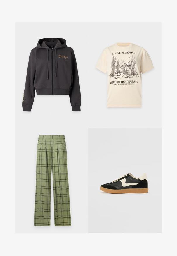 Donkergrijze zip-up hoodie met capuchon, trekkoorden, geribde boorden en "Billabong" geborduurd in goud op de linkerborst.; Beige T-shirt met zwarte woestijnscène met cactussen, bergen en vogels, gelabeld "Billabong Heading West Since Seventy Three."; Groene wijde broek met een zwart plaid patroon en een hoge tailleband, voorplooien en zijzakken.; Zwarte suède en leren sneaker met een crèmekleurige zij-swoosh en lichte crèmekleurige hiel. Voorzien van beige veters en een gumrubberen zool.