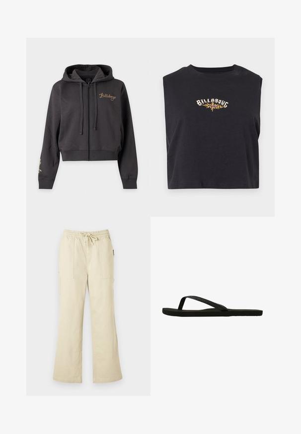 Donkergrijze zip-up hoodie met capuchon, trekkoorden, geribde boorden en "Billabong" geborduurd in goud op de linkerborst.; Zwarte cropped mouwloze top met de tekst "Billabong" en een gele vlamgrafiek in het midden van de borst.; Beige wijde broek met elastische tailleband en trekkoord, voorzien van twee opgestikte zakken aan de voorkant en rechte pijpen.; Zwarte flip-flops met een gestructureerde band en platte zool. De band heeft een subtiele glans. Eenvoudig ontwerp, lichtgewicht en flexibele vorm.
