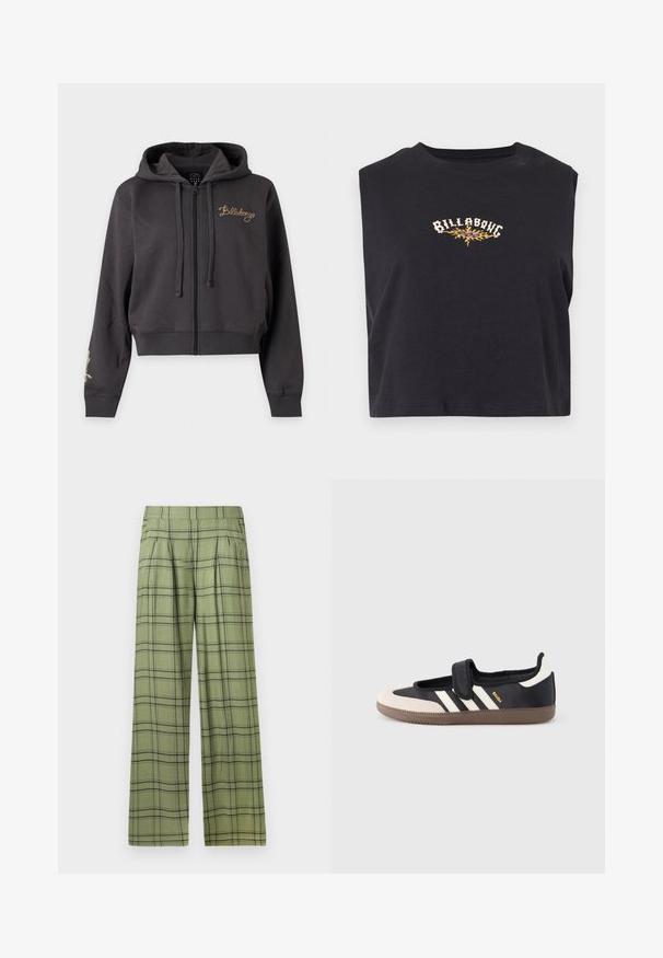 Dunkelgrauer Kapuzenpullover mit Reißverschluss, Kapuze, Kordelzug, gerippten Bündchen und "Billabong" in Gold auf der linken Brust gestickt.; Schwarzes, kurzes, ärmelloses Oberteil mit dem Schriftzug "Billabong" und einer gelben Flammengrafik in der Mitte der Brust.; Grüne weit geschnittene Hose mit schwarzem Karomuster und hohem Bund, vorderen Falten und Seitentaschen.; Schwarzer und beiger Sneaker mit Klettverschluss, drei weißen Streifen an der Seite und einer strukturierten braunen Gummisohle. Markenlogo sichtbar.