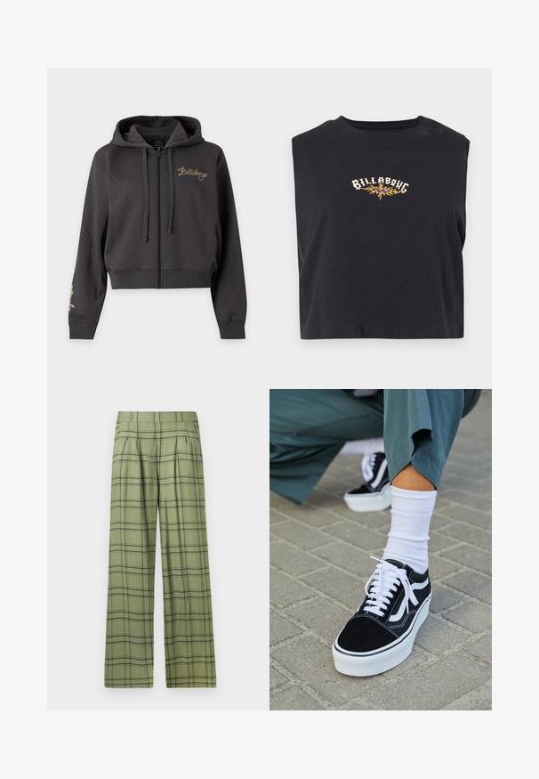 Sudadera con capucha oscura con cremallera, capucha, cordones, puños acanalados y "Billabong" bordado en dorado en el pecho izquierdo.; Top corto negro sin mangas con texto "Billabong" y gráfico de llama amarilla en el centro del pecho.; Pantalones de pierna ancha en verde con un patrón de cuadros en negro, cintura alta, pliegues frontales y bolsillos laterales.; Zapatillas de ante negro con acentos y cordones blancos, que cuentan con una gruesa suela blanca y costuras en contraste, combinadas con un calcetín blanco.