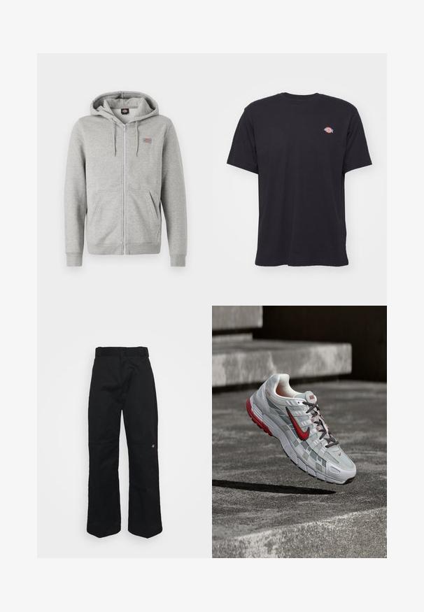 Sivý zipsový hoodie vyrobený z mäkkej bavlnenej zmesi. Obsahuje kapucňu so šnúrou, dve predné vrecká a malé logo na hrudi.; Čierne tričko s krátkym rukávom a okrúhlym výstrihom s malým farebným logom Dickies na ľavej strane hrude na jednofarebnom pozadí.; Čierne nohavice z odolnej látky, s rovnými nohavicami, opaskovými závesmi a malým logom na dolnej strane.; Bielo-sivá bežecká topánka Nike s červenými detailmi a čiernymi šnúrkami, visiaca nad sivými betónovými schodmi.