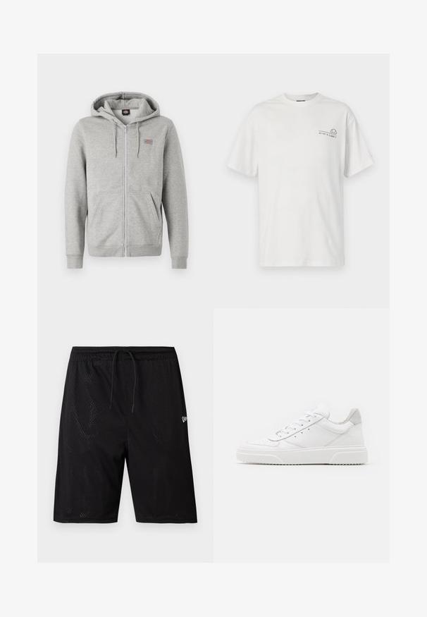 Sudadera con cremallera en color gris, hecha de una suave mezcla de algodón. Presenta un capucha con cordón, dos bolsillos frontales y un pequeño logo en el pecho.; Camiseta de algodón blanco con mangas cortas, cuello redondo y un diseño impreso que presenta coordenadas en el lado izquierdo del pecho y un elemento gráfico.; Bañadores deportivos de malla negra con cintura ajustable mediante cordón, que presentan una textura perforada y un pequeño logo blanco en la parte inferior derecha.; Zapatillas de cuero blanca con un acabado suave, punta redondeada, cordones planos y una suela texturada. Acento de ante gris en el talón.